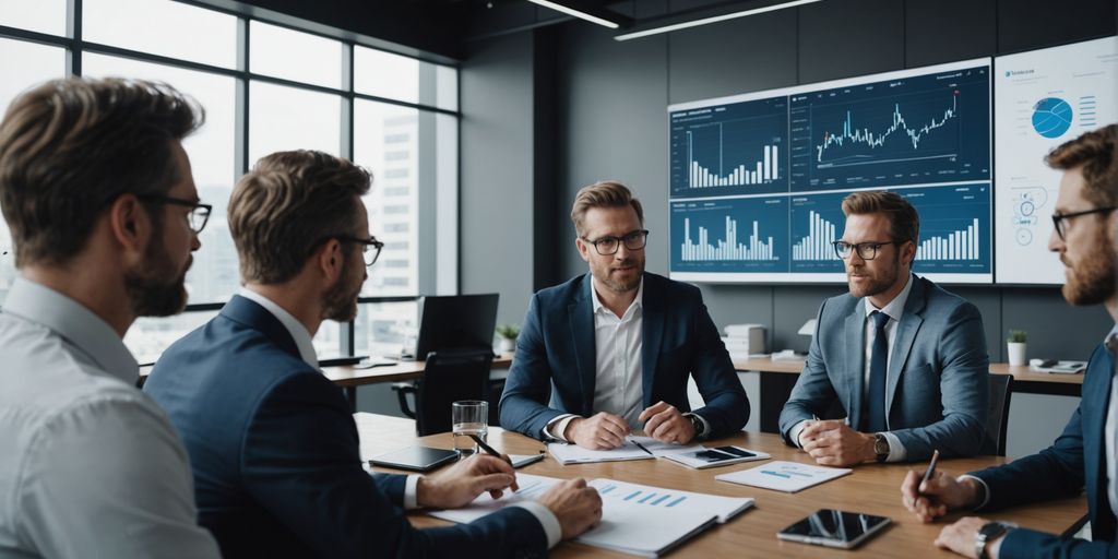 Professionals discussing AI solutions in a modern office.