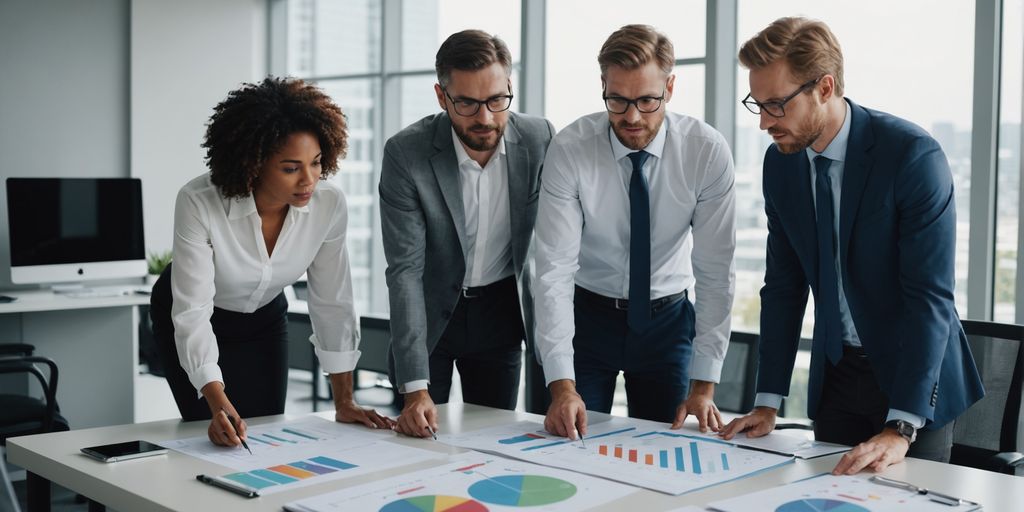 Business professionals discussing strategies in a modern office.