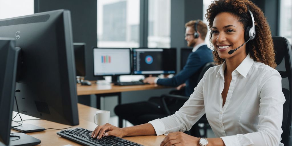 Customer support agent assisting client in modern office