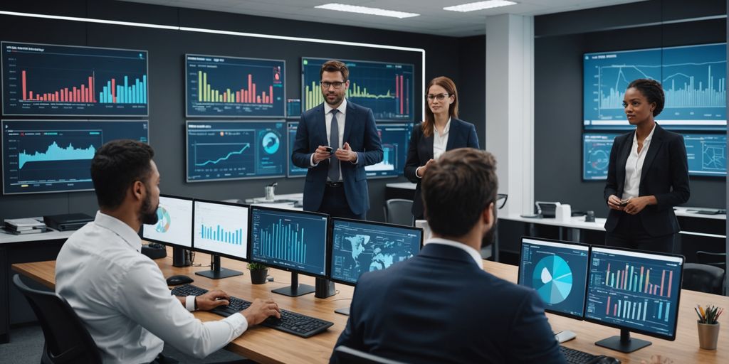 Professionals discussing AI technology solutions in an office.