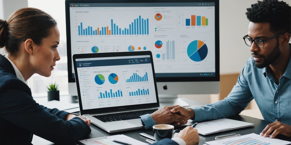 Team meeting with laptop showing graphs