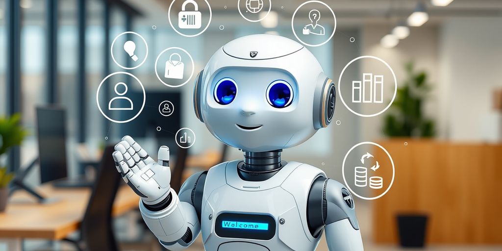 AI robot welcoming in office with digital icons
