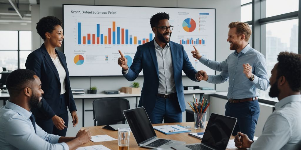 Business team celebrating success in office.