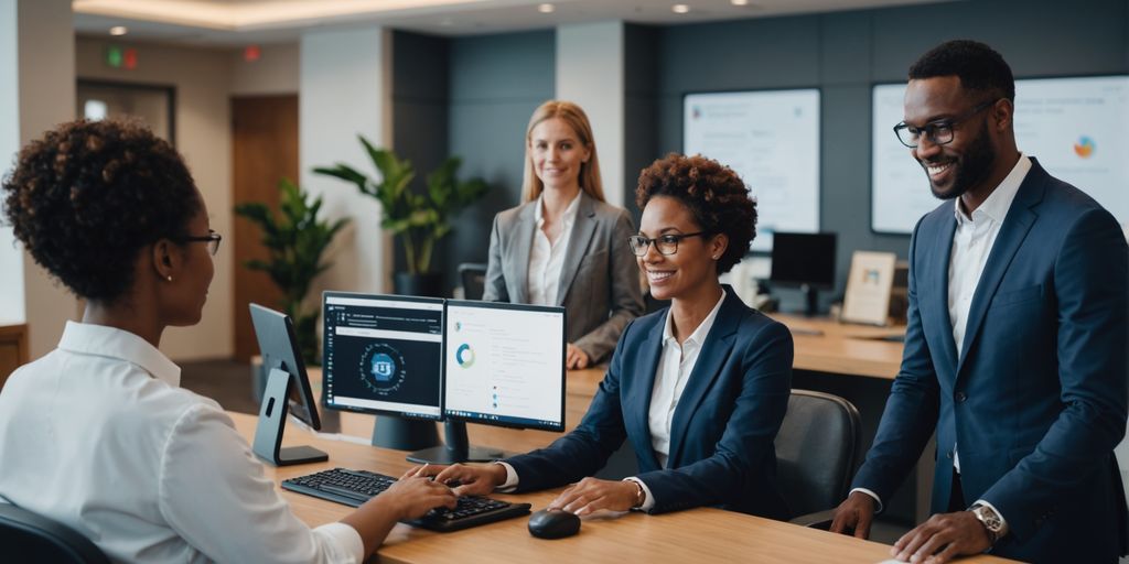 Team collaborating with AI software and receptionist