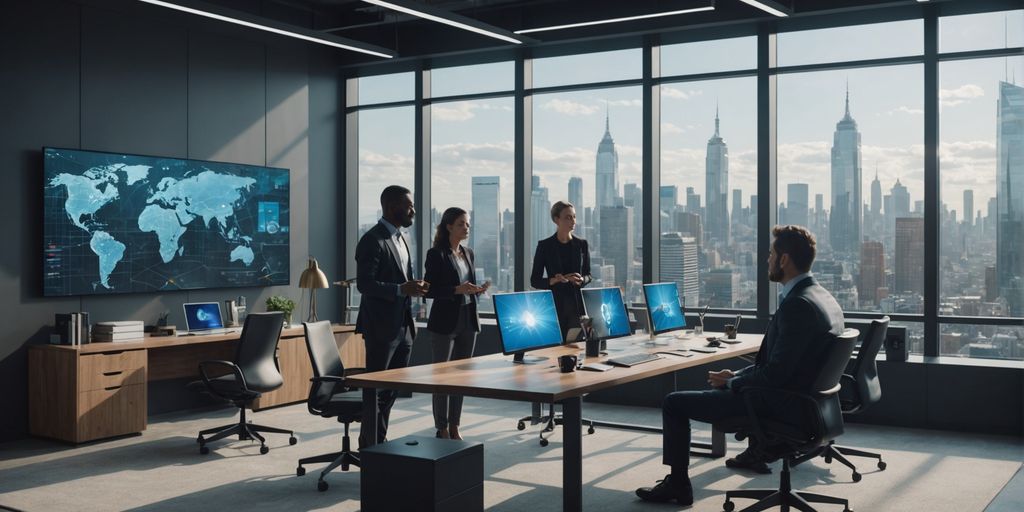 Professionals discussing AI technology in a modern office.