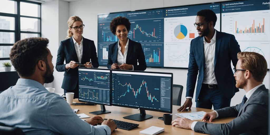 Business team collaborating with AI-generated charts.