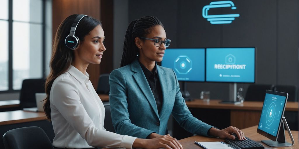 AI hologram assistant at office desk