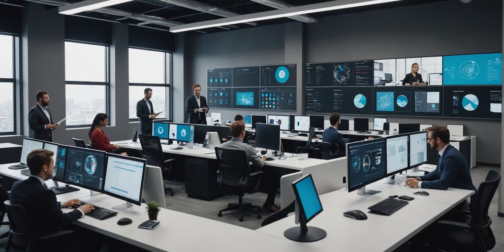 Professionals collaborating on AI technology in an office.