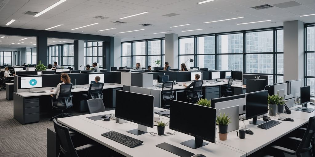 Professionals in office using AI phone systems.