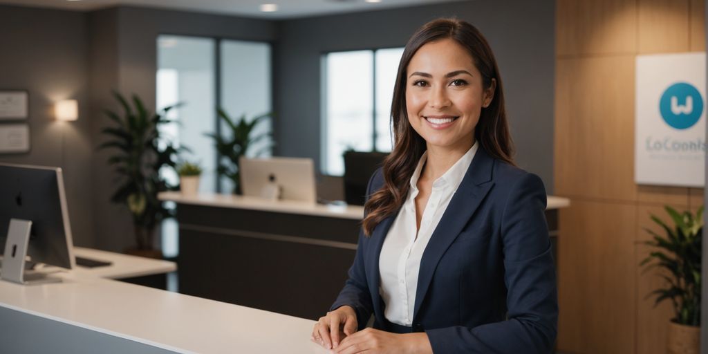 AI receptionist smiling behind a modern desk