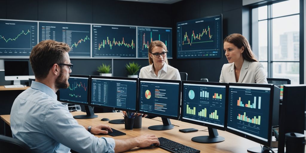 Team analyzing data on computer screens in office.