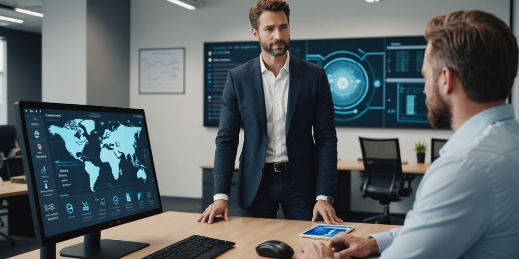 Professional discussing AI phone systems with a client.