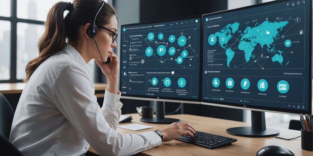 Professional analyzing AI phone system features on screen.