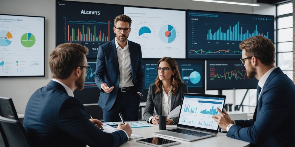 Business professionals discussing AI technology in office