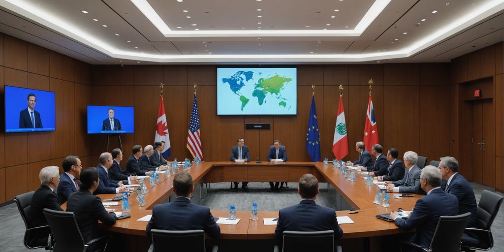 International diplomats in a meeting with AI elements.