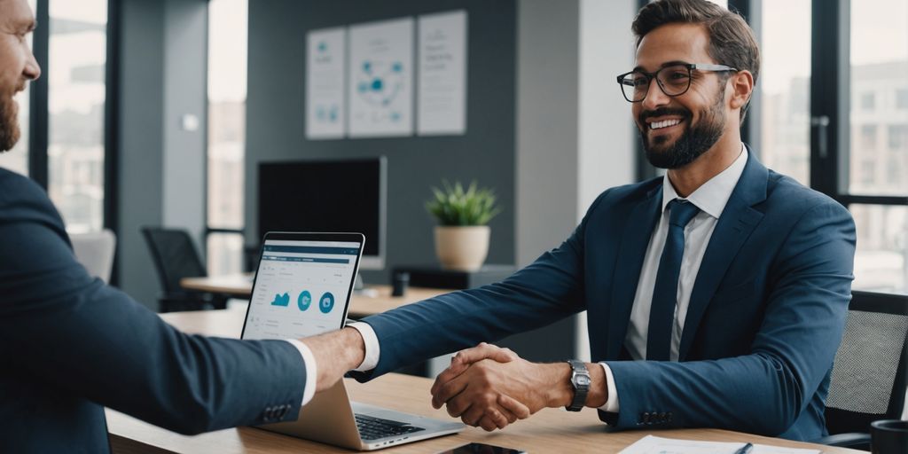 Business handshake in modern office with AI software