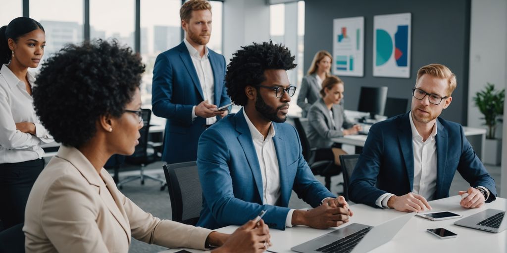 Business professionals discussing AI technology in an office