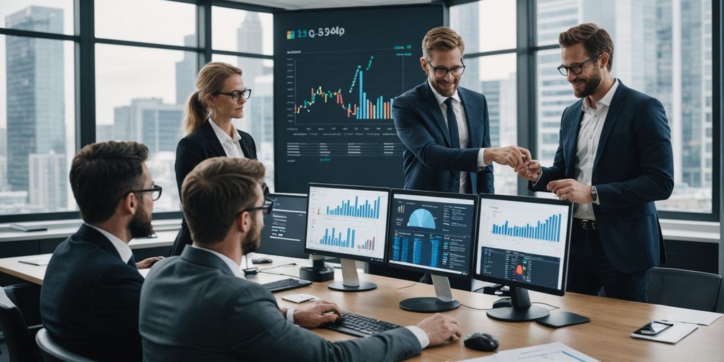 Business team collaborating with growth charts.