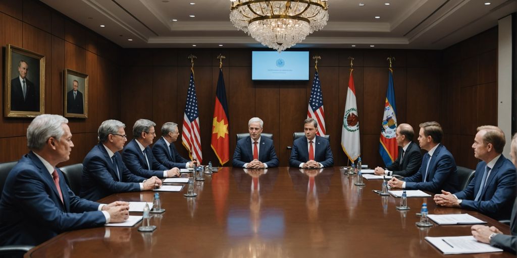 AI robot in a tense diplomatic meeting.