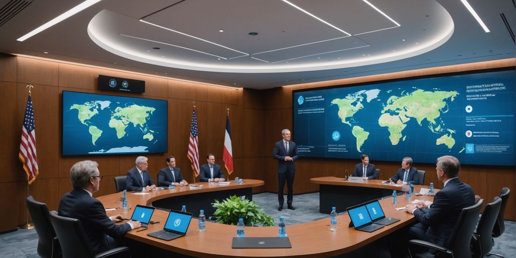 Diplomats and AI holograms in a meeting room