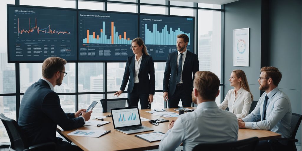 Business professionals discussing strategies with charts