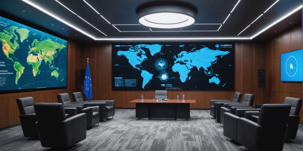 AI hologram in diplomatic meeting room.