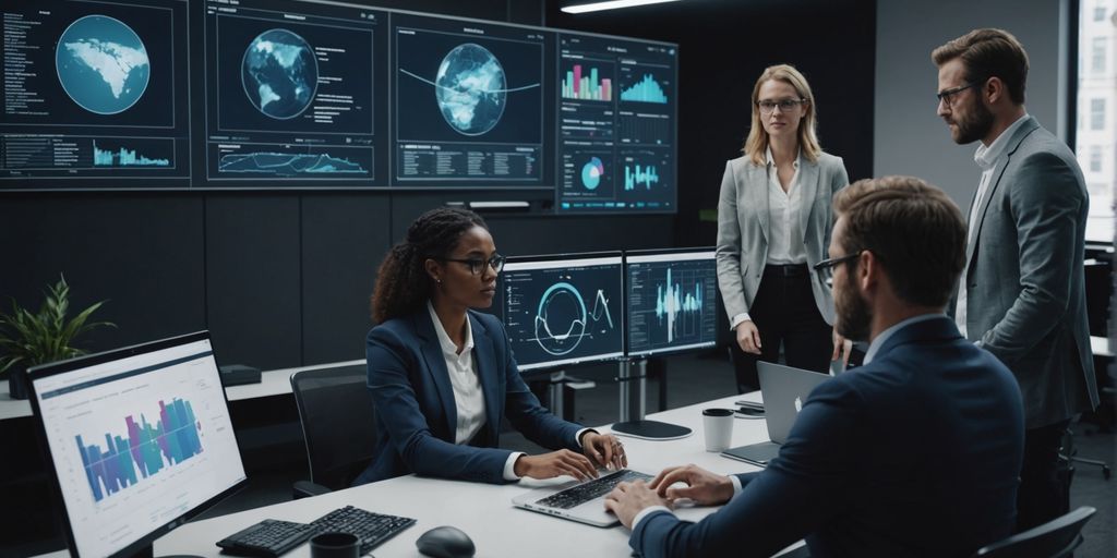 Professionals collaborating on AI technology in modern office.