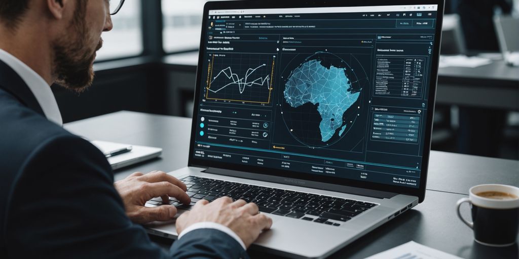 Professional analyzing data with AI graphics overlay.