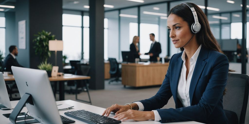 AI receptionist in modern office with clients