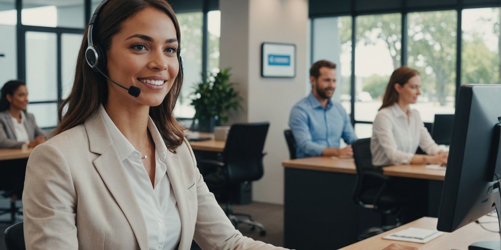 AI receptionist assisting clients in a modern office.