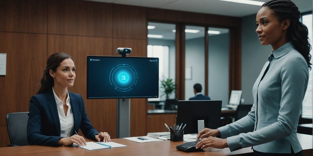 AI receptionist assisting businessperson in office.