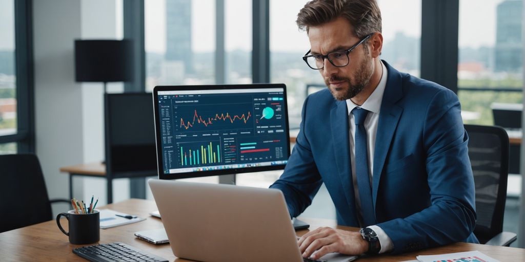 Businessperson analyzing AI communication software trends on laptop.