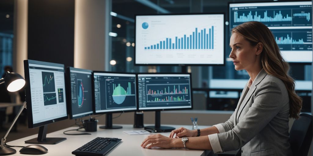Receptionist analyzing data on a computer in a modern office.