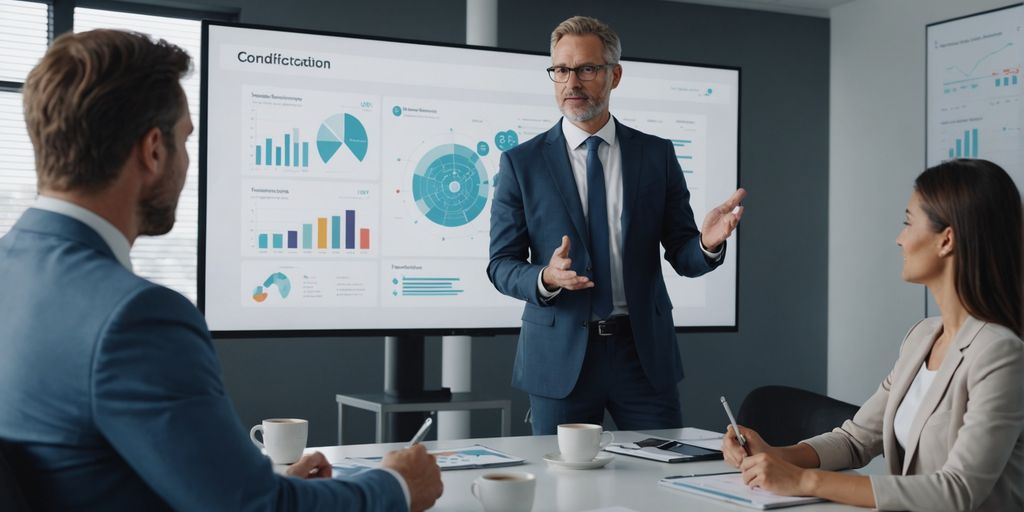 Businessperson presenting AI tools to professionals.