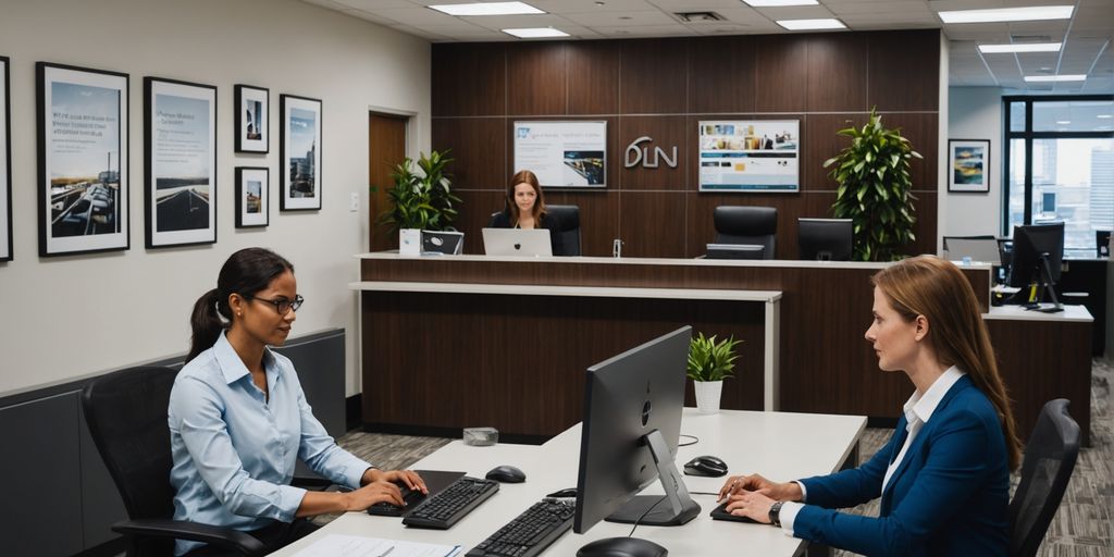 Receptionist working in a busy office