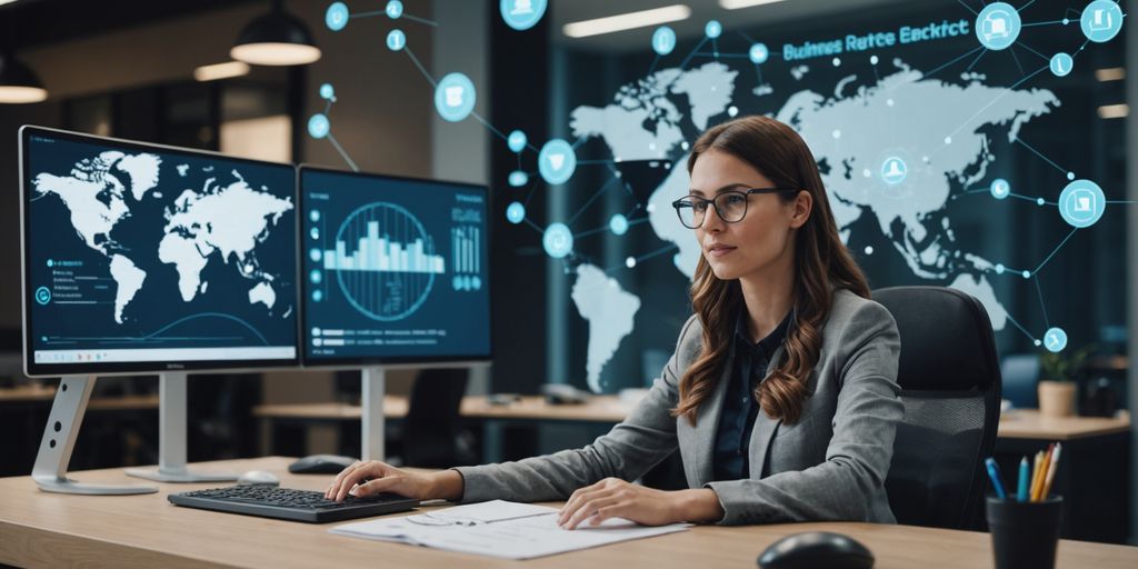 Receptionist with digital data icons in modern office