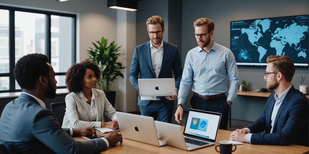 Team discussing AI software in modern office.