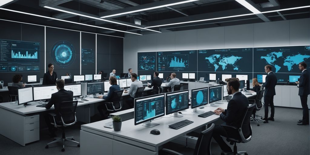 Professionals analyzing data on futuristic screens