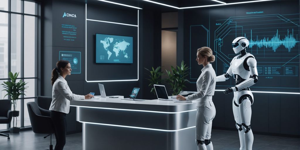 AI receptionist with business professional in futuristic office.