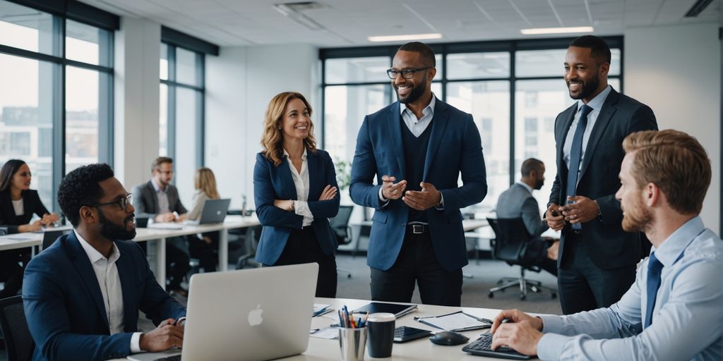 Professionals discussing in a modern office.