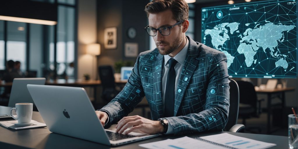 Professional analyzing data with AI holograms