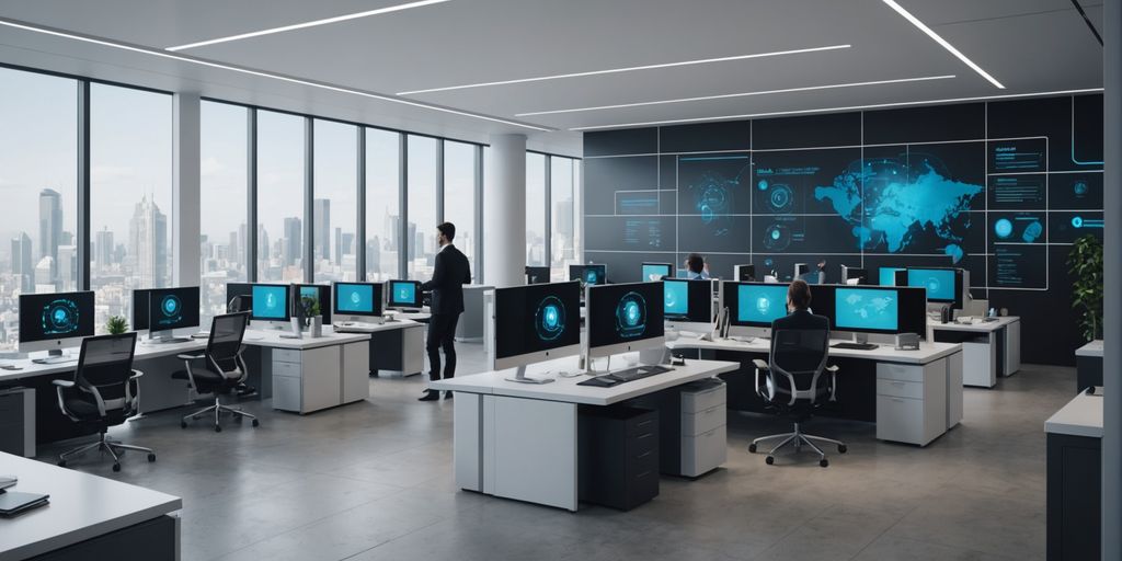 Futuristic office with AI phone systems.