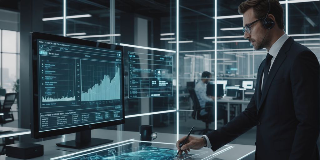 Businessperson with phone machines and profit charts.