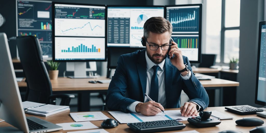 Person using modern phone system in office.