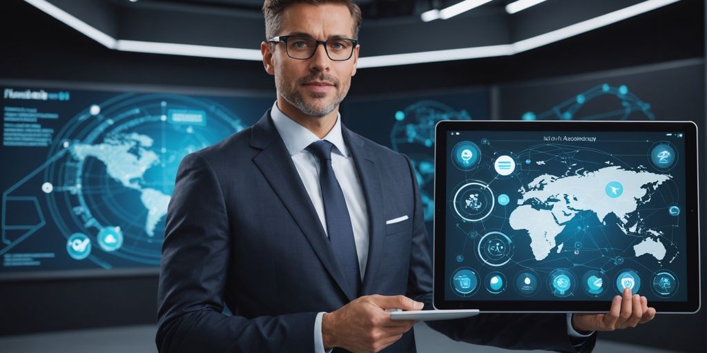 Professional with tablet and AI voice technology graphics.