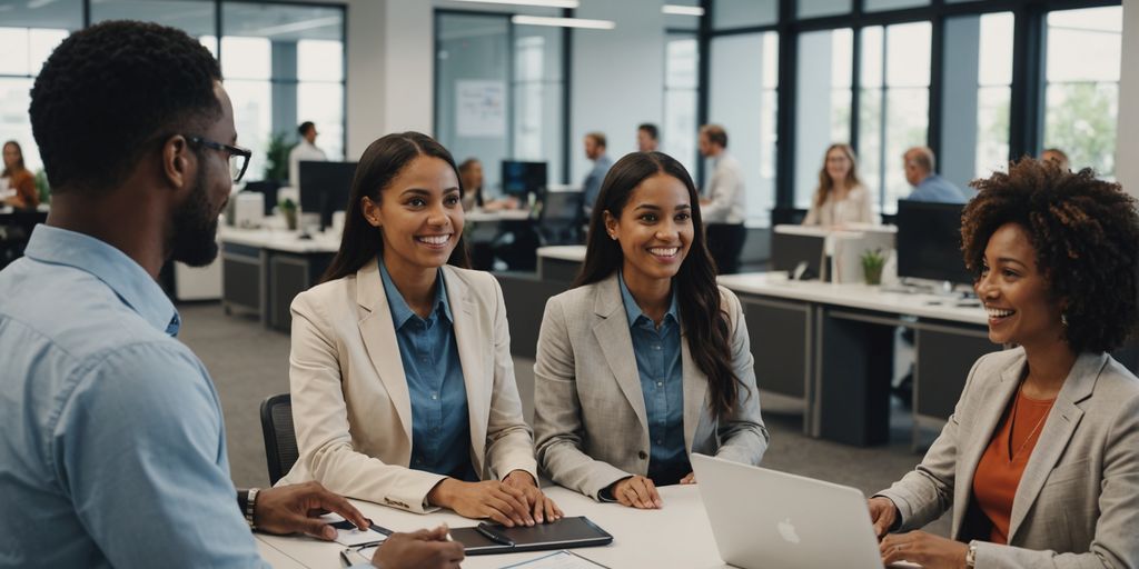 Diverse group with AI receptionist in modern office