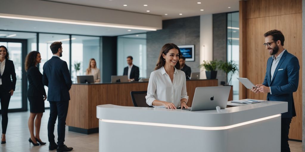 AI receptionist kiosk in a modern office lobby