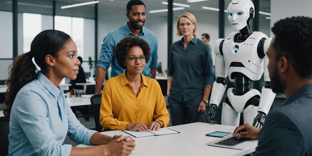 Diverse group talking with humanoid robot.