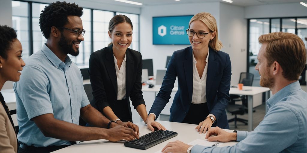 Diverse group with AI receptionist in modern office.