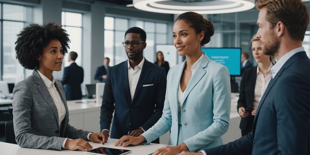 Diverse group with AI receptionist